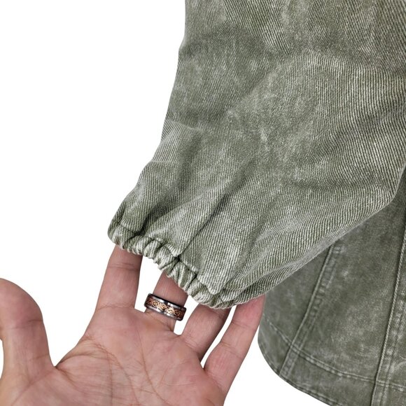 Army Green Washed Denim Button Front Mini Dress Sz S Puff Military Gorpcore - Picture 10 of 15